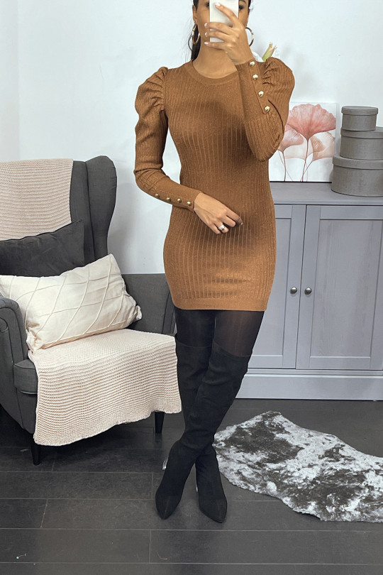 Camel ribbed sweater dress with puffed sleeves - 2