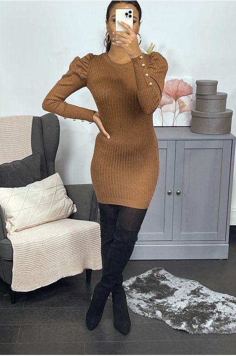 Robe pull camel cotelé à manches bouffantes - 3