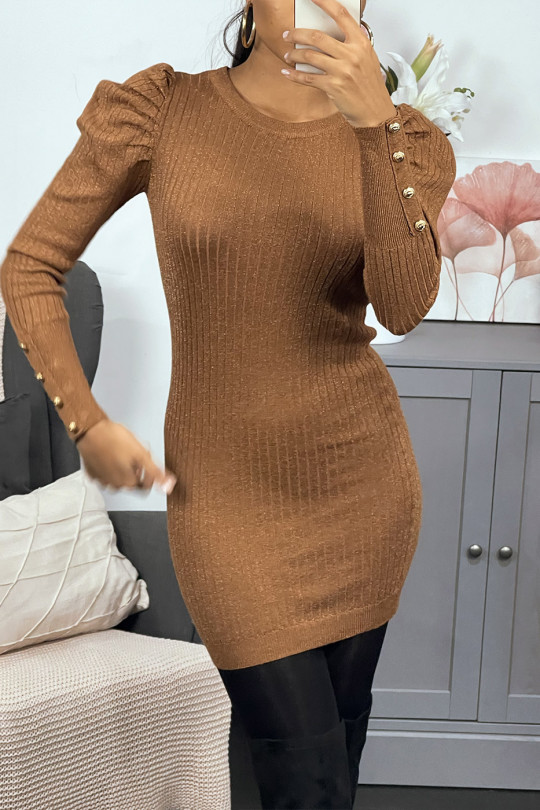 Camel ribbed sweater dress with puffed sleeves - 5