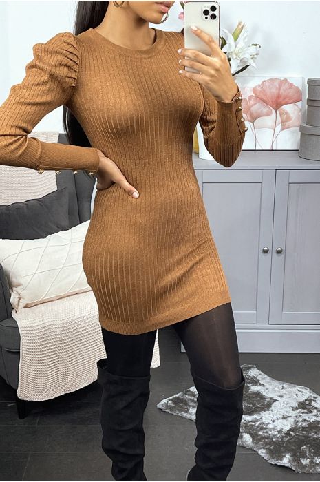 Camelkleurige geribbelde sweaterjurk met pofmouwen - 6