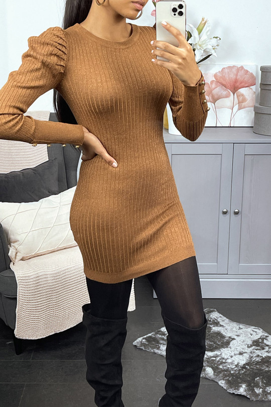 Camel ribbed sweater dress with puffed sleeves - 6