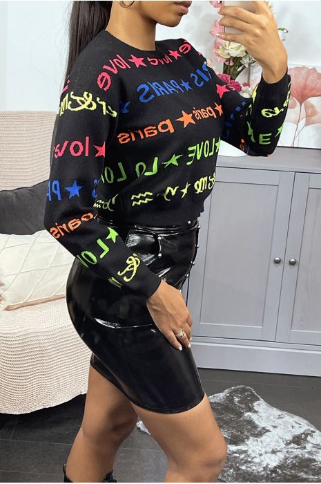 Pull en viscose noir avec écriture fluo - 3
