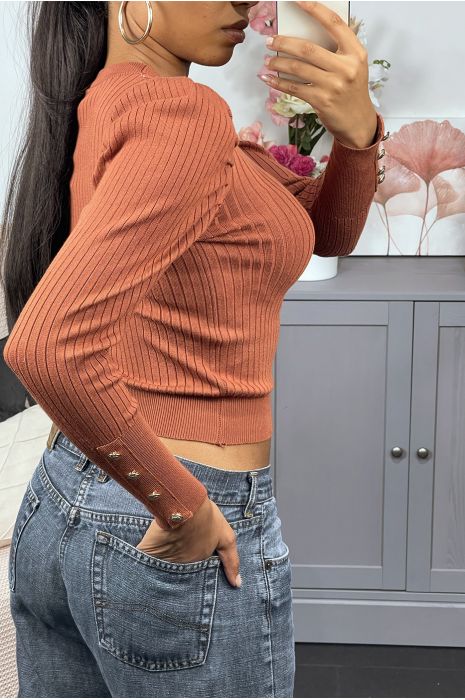 Pull côtelé cognac en viscose avec boutons dorées et manches bouffantes - 1