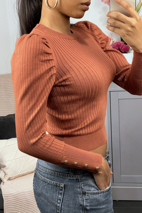 Cognac ribbed viscose sweater with gold buttons and puffed sleeves - 3
