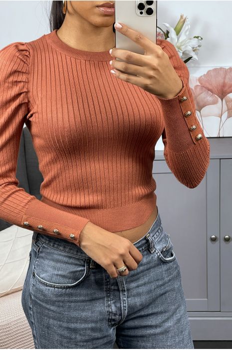 Cognac ribbed viscose sweater with gold buttons and puffed sleeves - 4