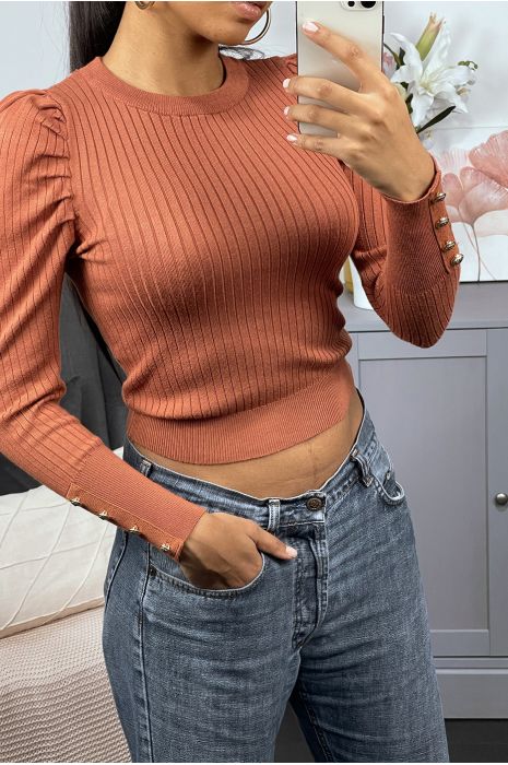 Cognac ribbed viscose sweater with gold buttons and puffed sleeves - 5