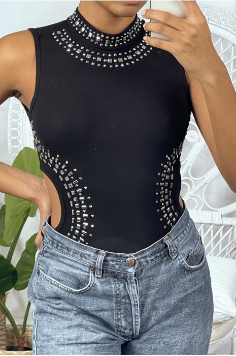 Body noir col montant a strass  et ouverture sur les cotés - 4