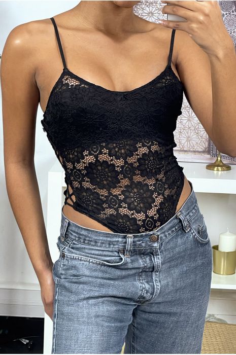 Black lace bodysuit with laces on the side