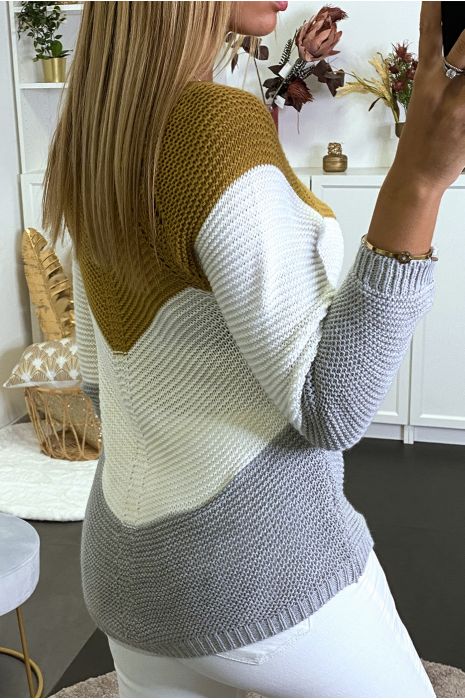 Pull en maille tricolor moutarde/blanc/gris - 1