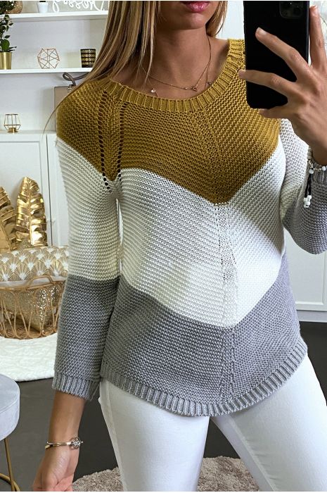 Pull en maille tricolor moutarde/blanc/gris - 2