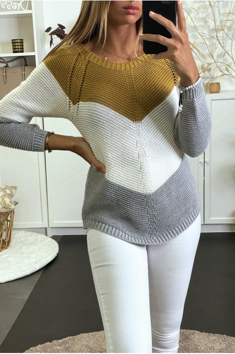 Pull en maille tricolor moutarde/blanc/gris - 3