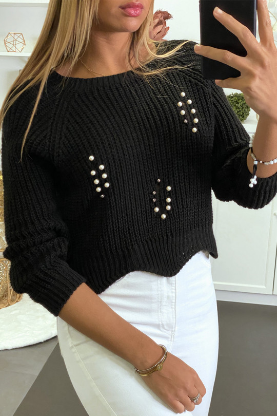 Pull crop top noir à perles - 2