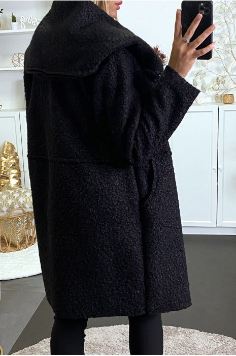 manteau 3/4 noir molletonné avec capuche - 1