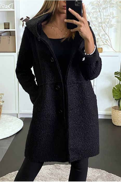 manteau 3/4 noir molletonné avec capuche - 3