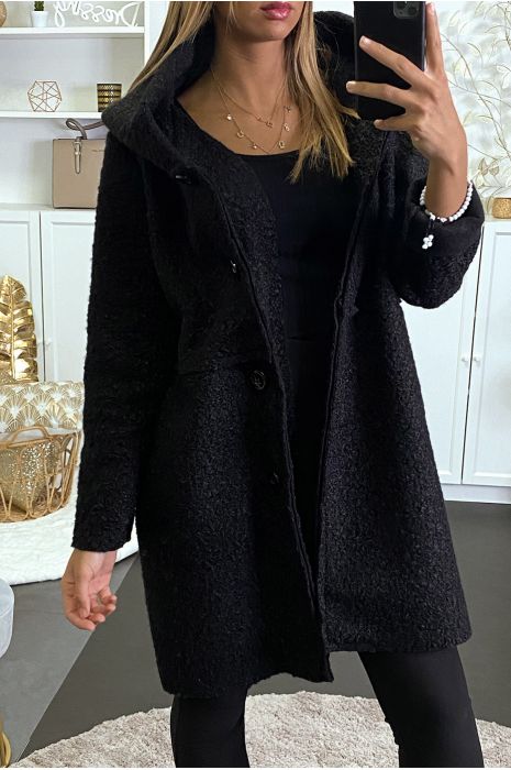 manteau 3/4 noir molletonné avec capuche - 4
