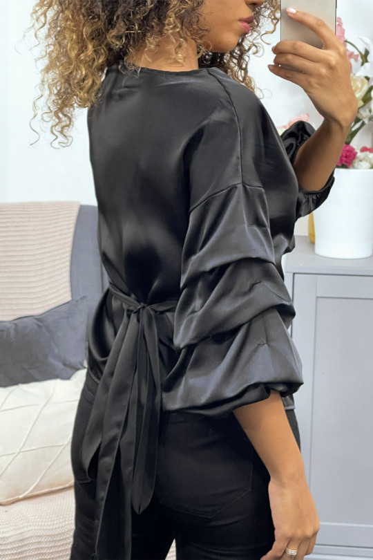 Black satin wrap blouse with puffed sleeves - 1