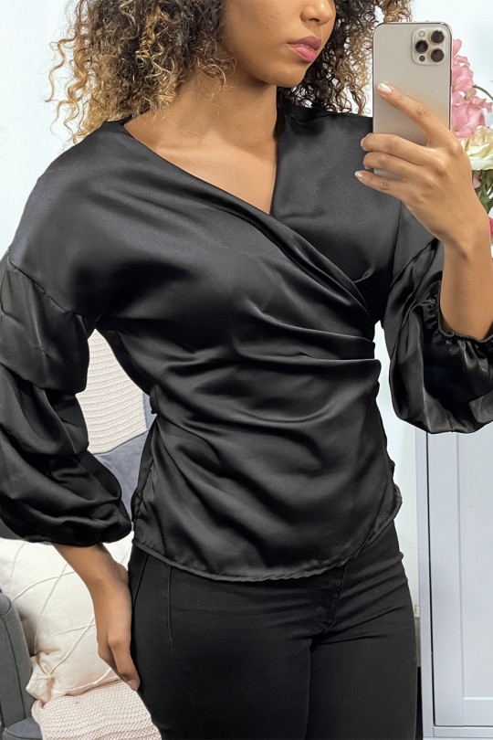 Black satin wrap blouse with puffed sleeves - 2