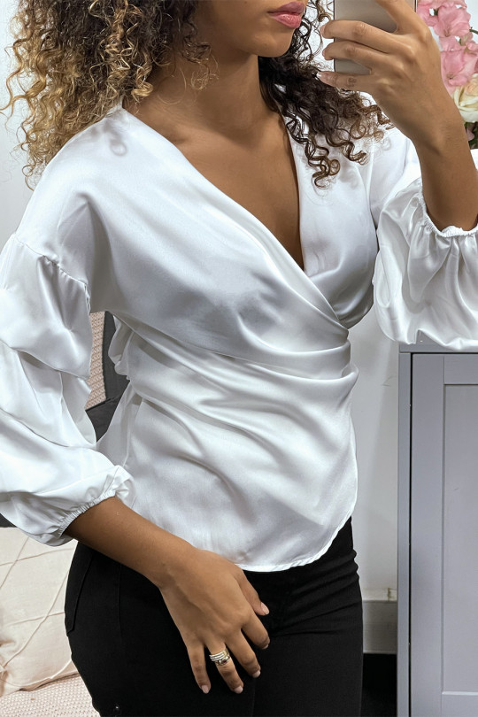 White satin wrap blouse with puffed sleeves - 1