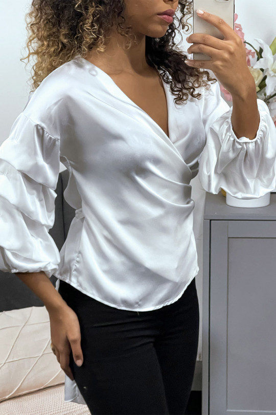 White satin wrap blouse with puffed sleeves - 2