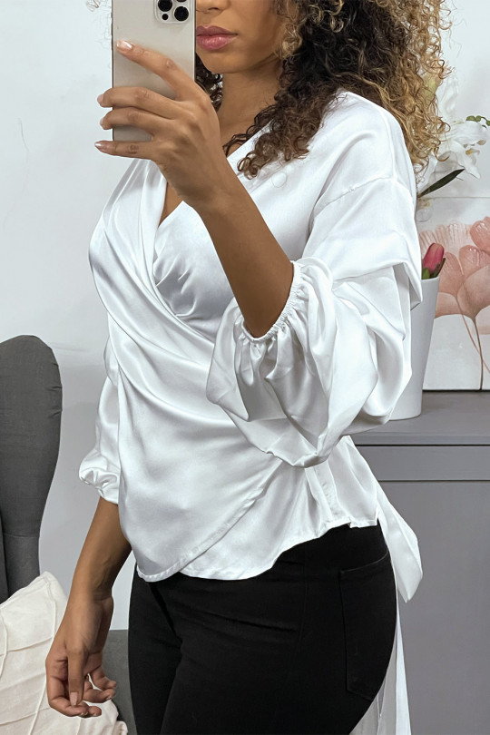 White satin wrap blouse with puffed sleeves - 3