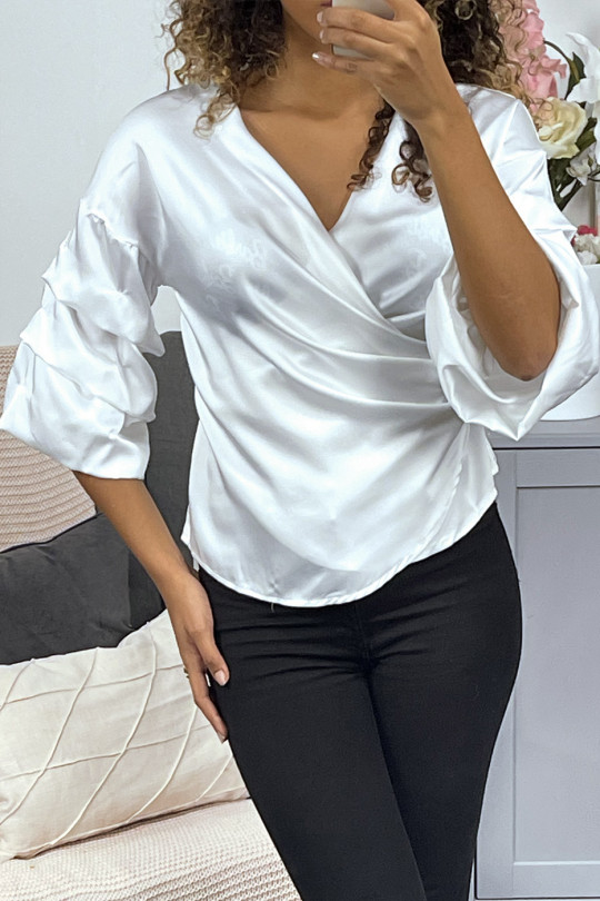 White satin wrap blouse with puffed sleeves - 5