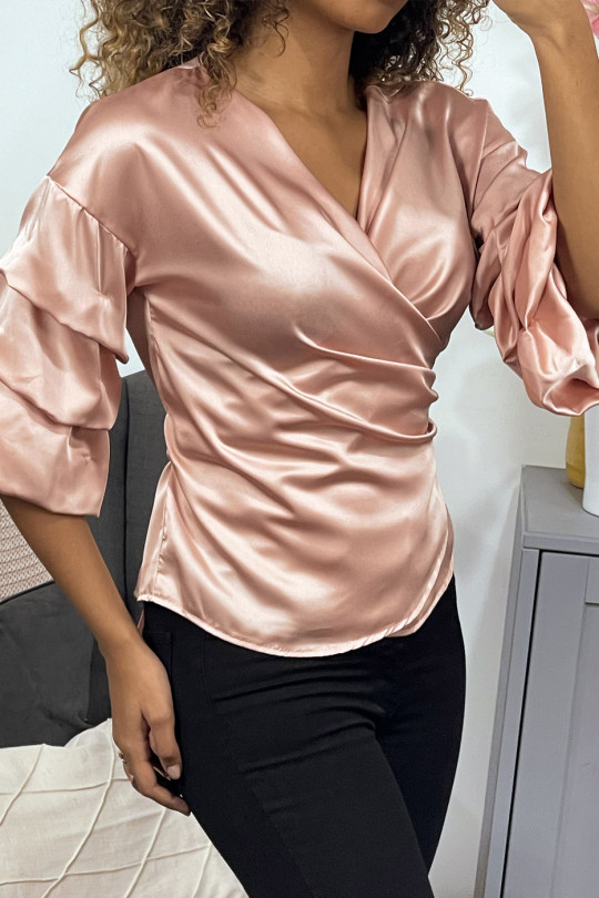 Pink satin wrap blouse