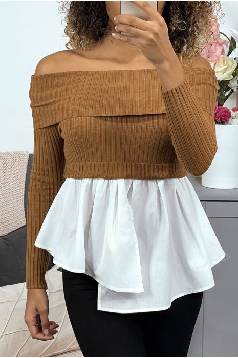 Pull camel bi matière, à col bardot côtelé et bas chemise asymétrique. - 1