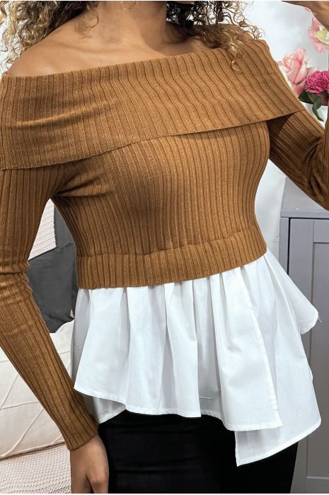 Pull camel bi matière, à col bardot côtelé et bas chemise asymétrique. - 4