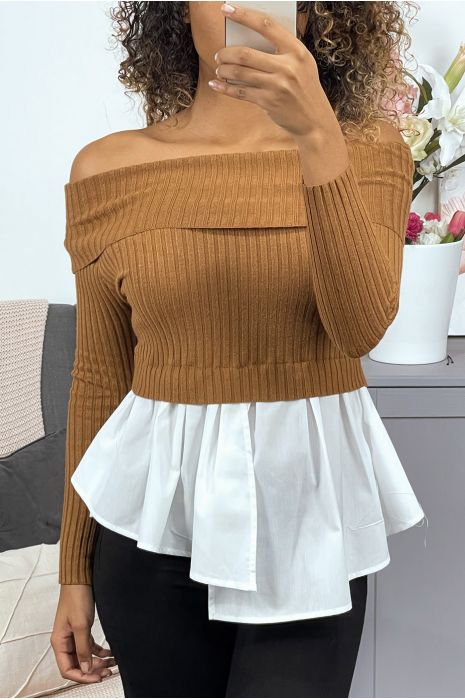 Pull camel bi matière, à col bardot côtelé et bas chemise asymétrique. - 5