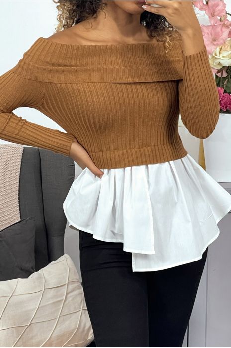 Pull camel bi matière, à col bardot côtelé et bas chemise asymétrique. - 6