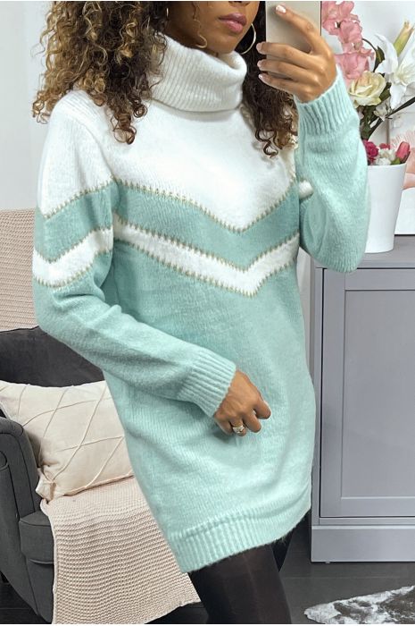 Robe pull vert d'eau duveteux à col roulé - 1