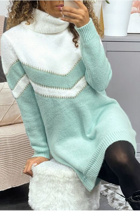 Robe pull vert d'eau duveteux à col roulé - 5