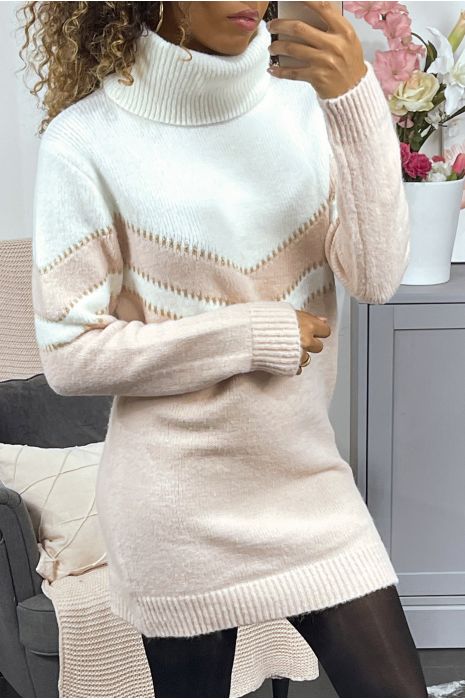 Robe pull rose duveteux à col roulé - 1