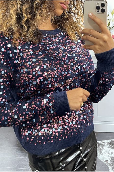 Fluffy navy sweater with sequins all over the front and sleeves - 2