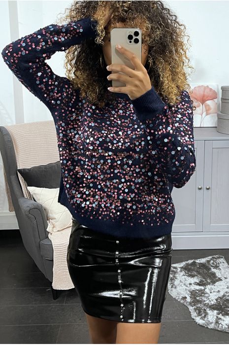 Fluffy navy sweater with sequins all over the front and sleeves - 4