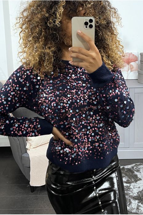 Fluffy navy sweater met lovertjes over de hele voorkant en mouwen - 5