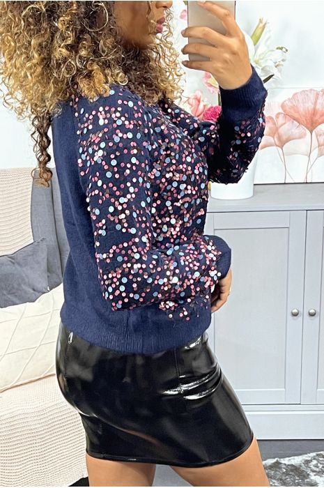Fluffy navy sweater with sequins all over the front and sleeves - 6