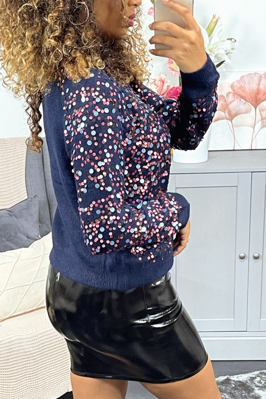 Fluffy navy sweater with sequins all over the front and sleeves - 6