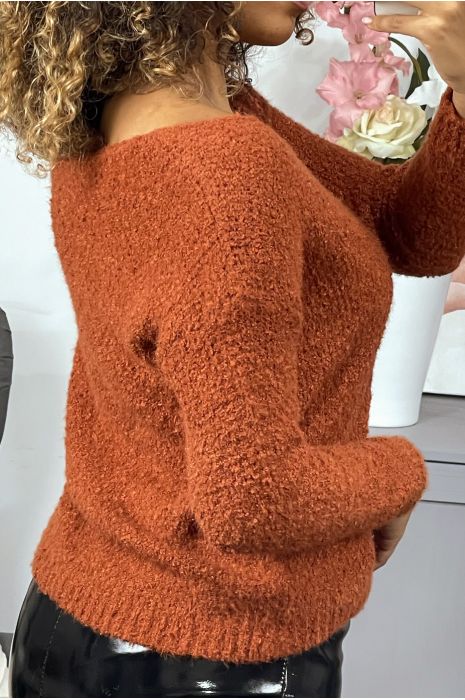 Pull cognac effet peluche à col V - 2