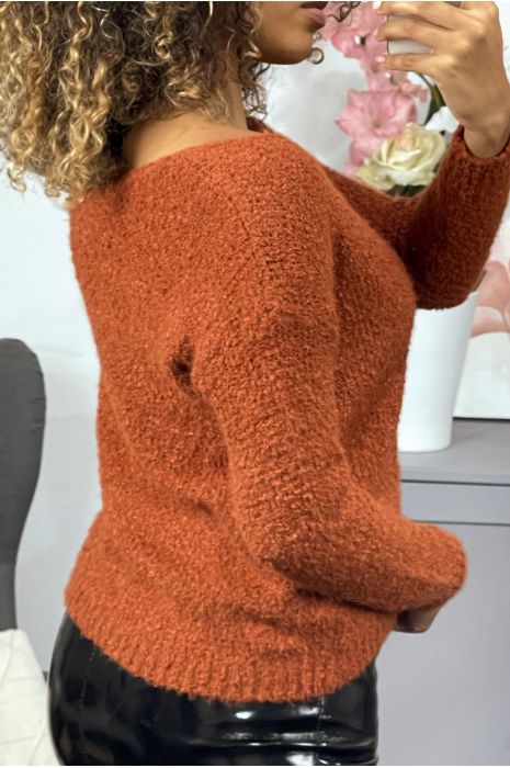Pull cognac effet peluche à col V - 3