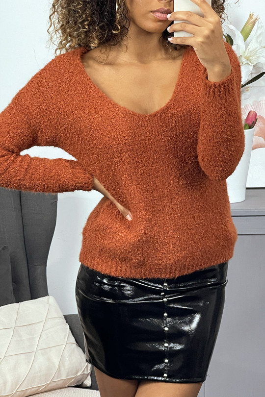 Pull cognac effet peluche à col V - 4
