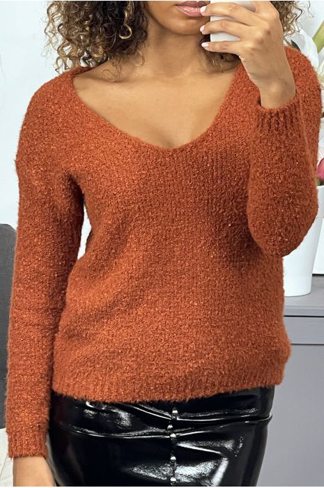 Pull cognac effet peluche à col V - 5