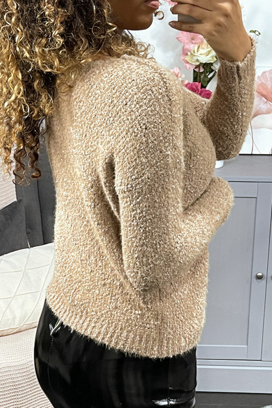 Camelkleurige sweater met V-hals en pluche-effect - 3