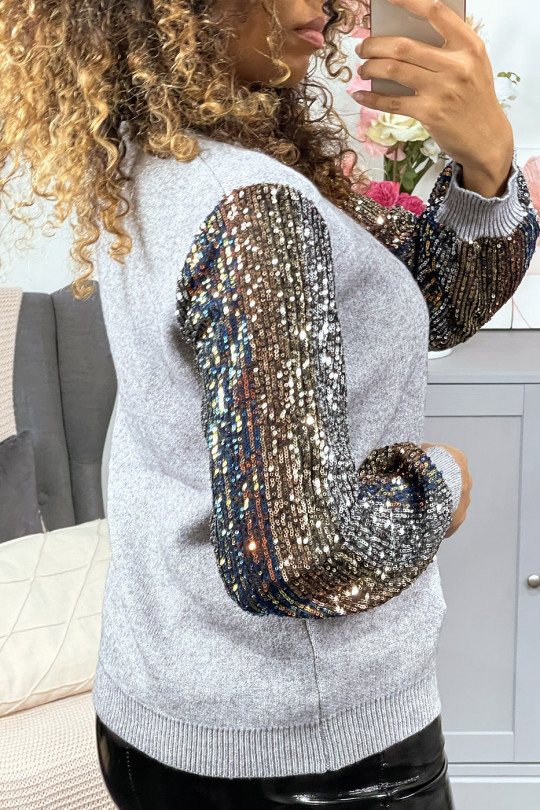 Pull gris doux à manches doublé de dentelle et sequin - 4