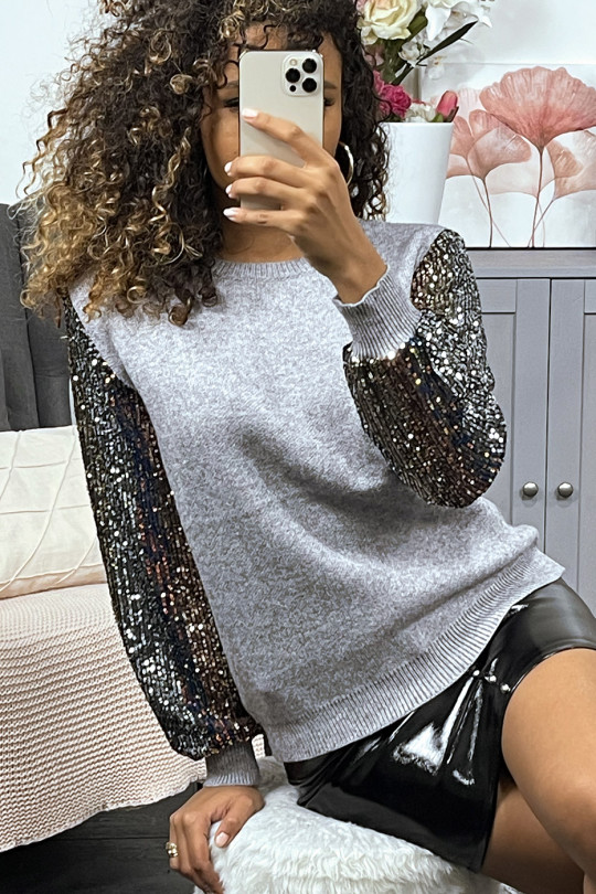 Pull gris doux à manches doublé de dentelle et sequin - 5