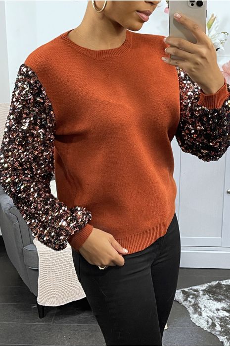 Zeer zachte cognac sweater met mouw gevoerd met kant en pailletten - 1