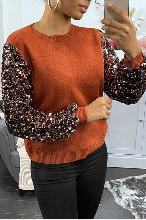 Pull cognac très doux à manche doublé de dentelle et sequin - 2