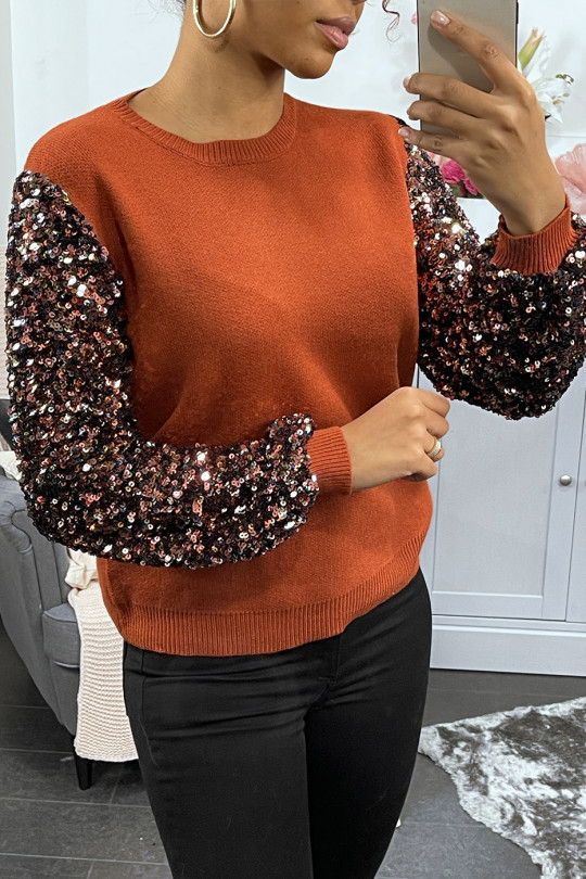 Very soft cognac sweater with sleeve lined with lace and sequins - 2