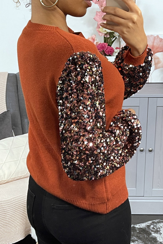 Very soft cognac sweater with sleeve lined with lace and sequins - 3
