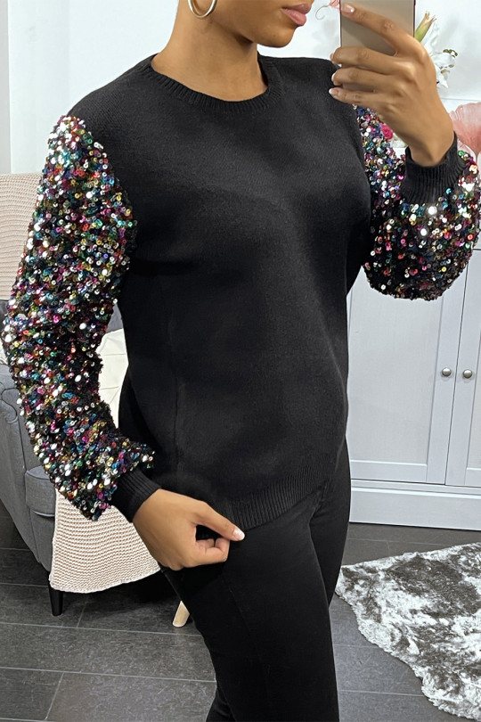 Pull noir très doux à manche doublé de dentelle et sequin - 1